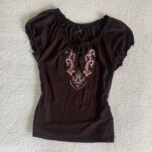 Y2K Style & co Chic Embroidered grunge Brown 100% cotton Blouse size L